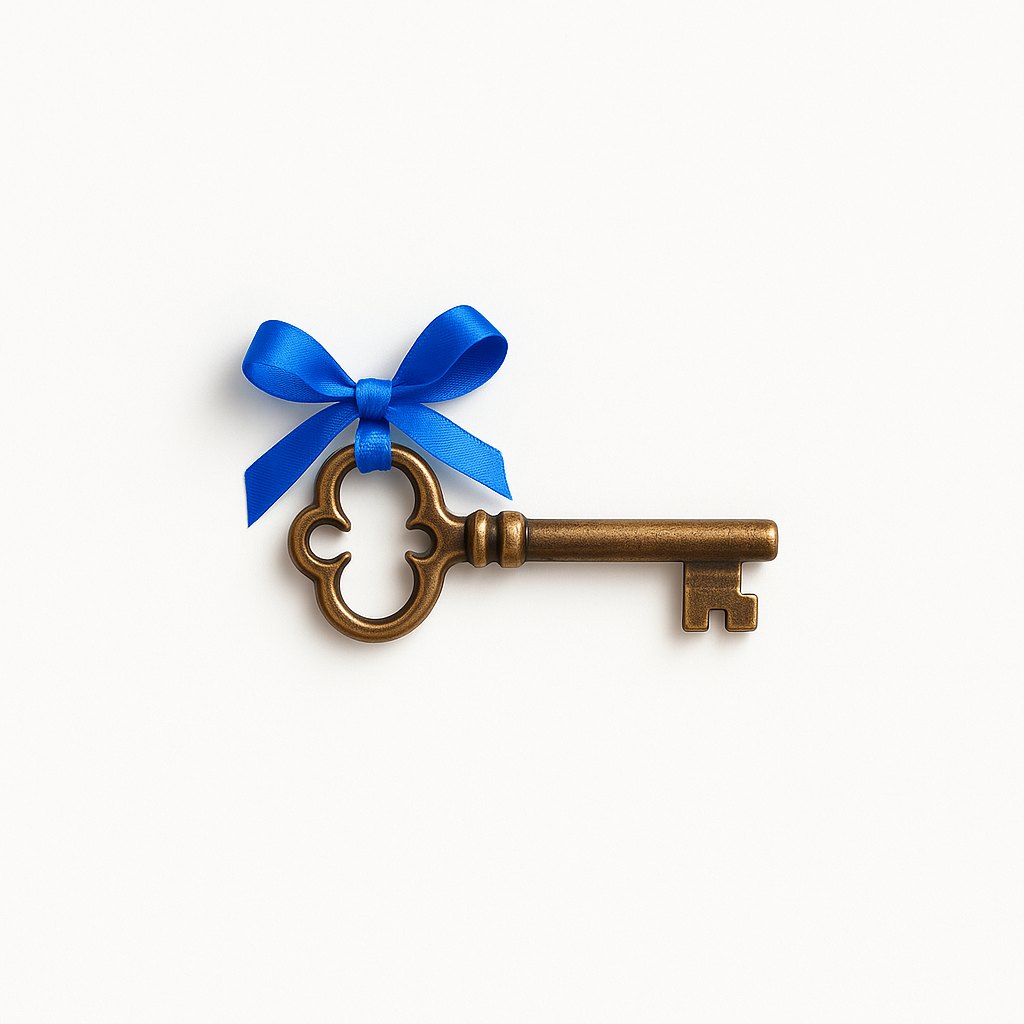 A brass key tied with a blue ribbon